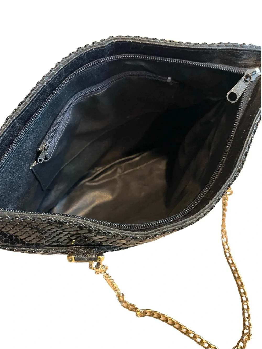 Vintage Black Metal Mesh Convertible Handbag Clutch Gold Chain